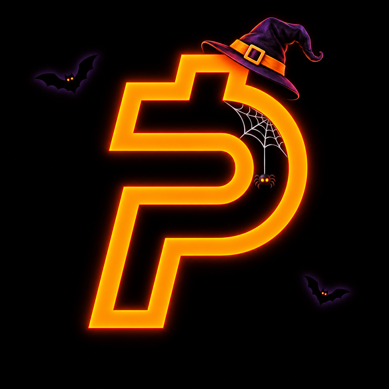 Glowing orange Spooky Paid emblem in a purple witch hat, with bats and a spider